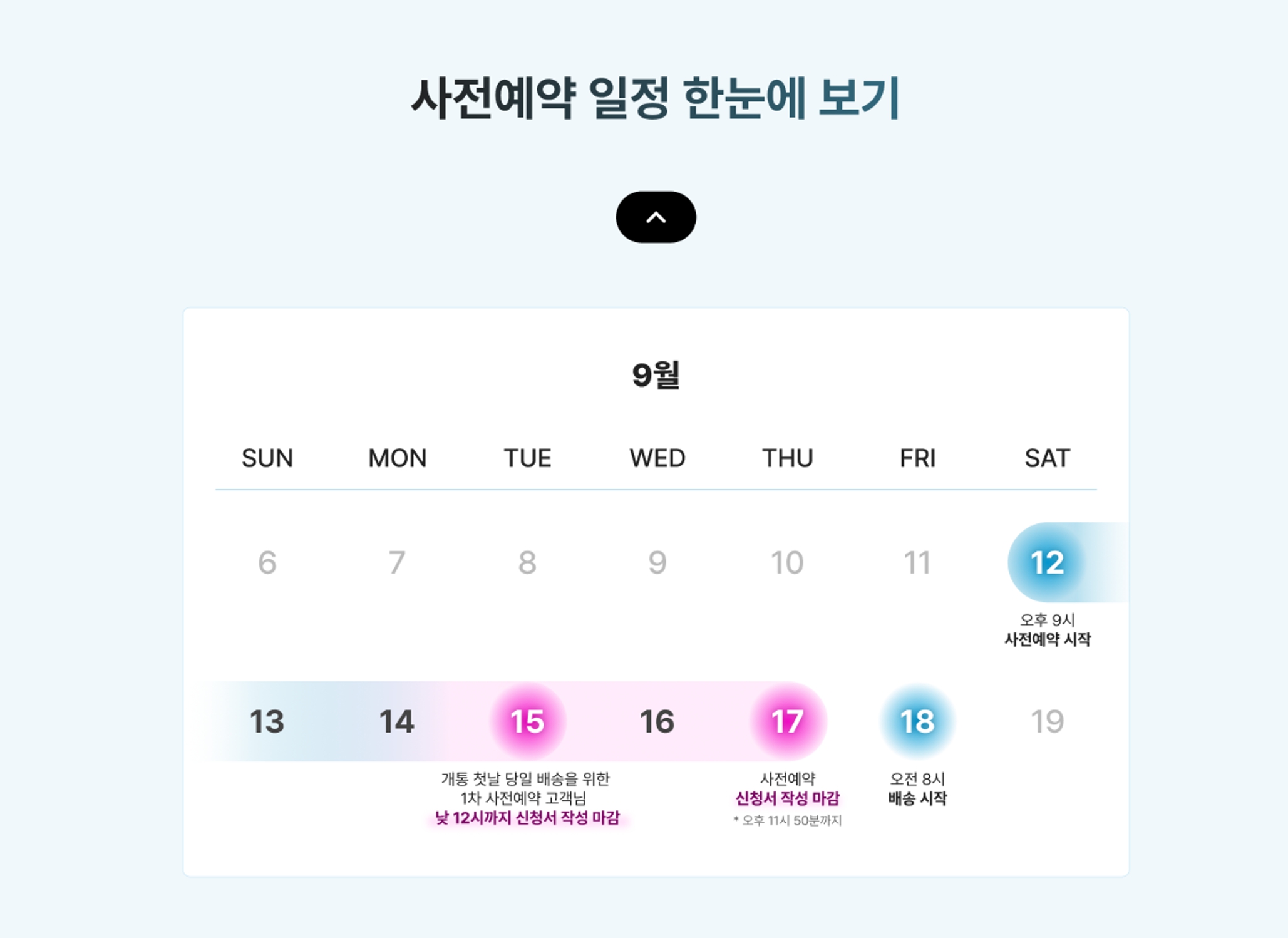 9월 12일 예약 시작과 15일&middot;17일 신청서 마감 및 18일 출시를 표시한 아이폰18 사전예약 달력