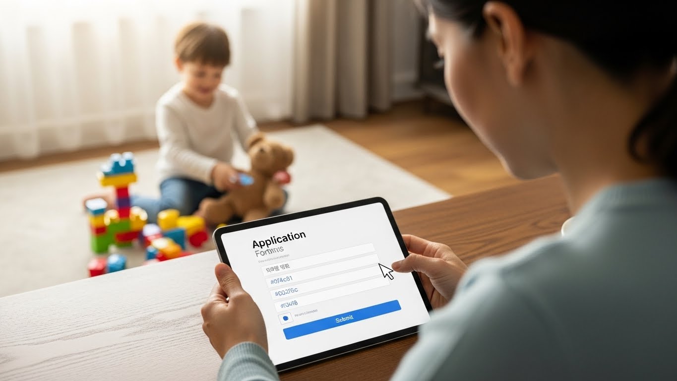 육아기 근로시간 단축 급여 온라인 신청서를 작성하는 부모의 모습