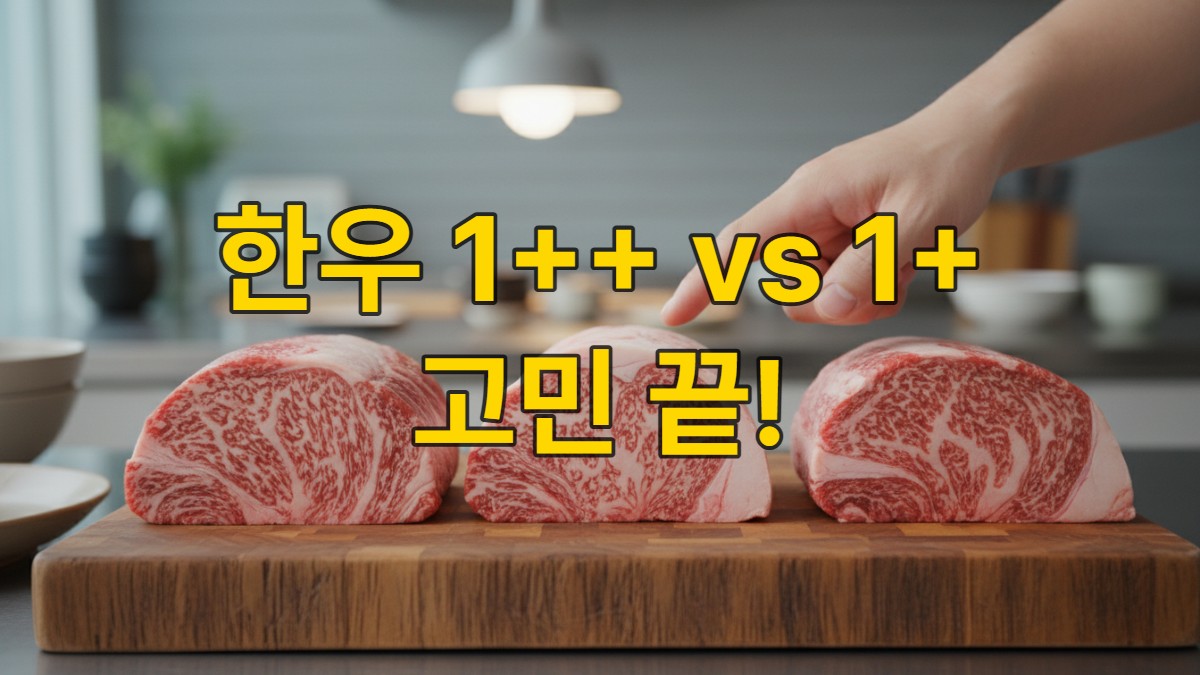나무 도마 위에 놓인 1++, 1+, 1등급 한우의 근접 사진. 각 등급의 마블링 차이가 명확하게 보이며, 신선한 선홍빛 육색과 유백색 지방색이 돋보인다. 전문가의 손이 고기를 가리키고 있다.