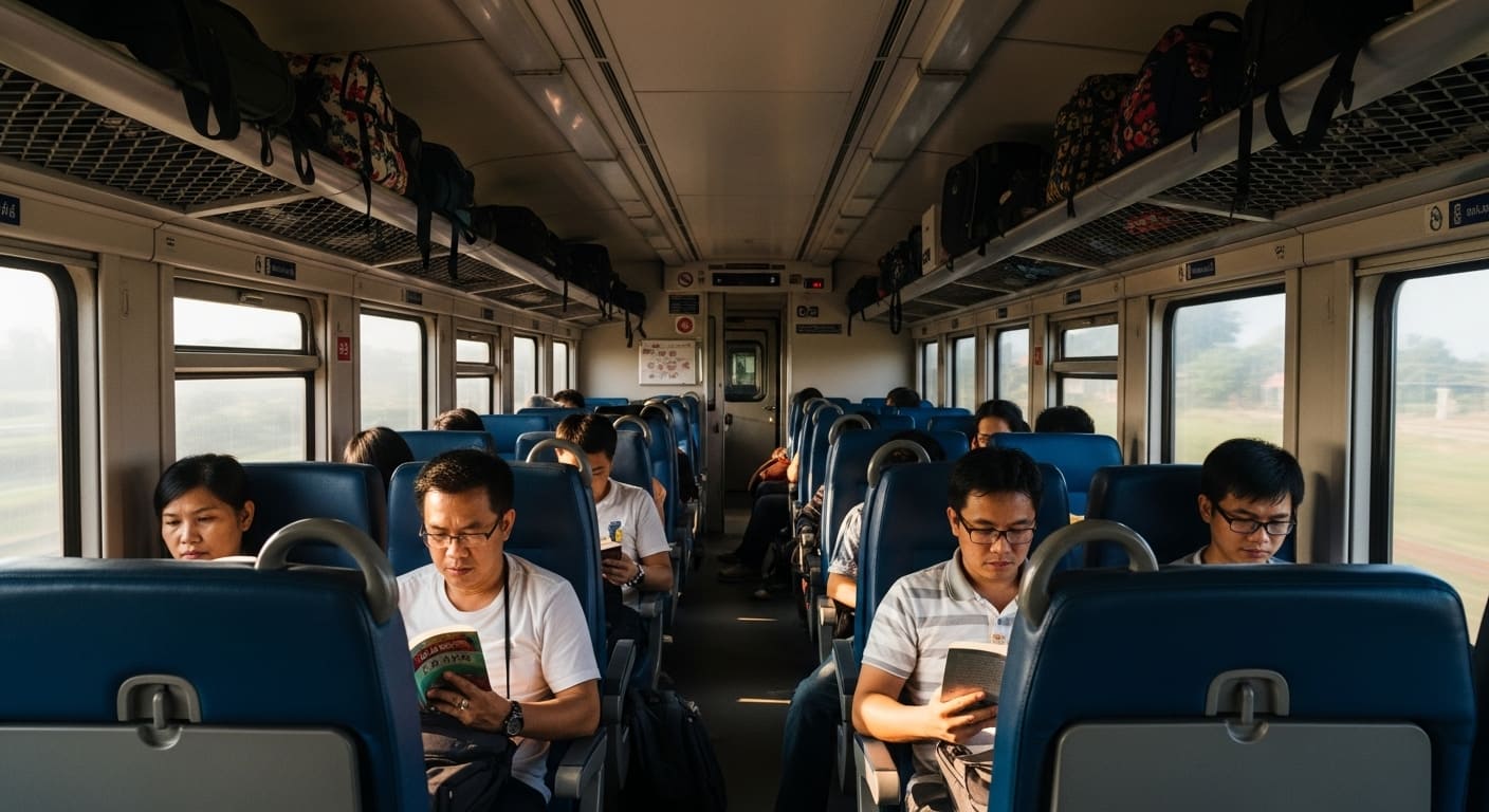 일반 열차 객실 내부에서 독서와 휴대폰을 이용하는 승객들
