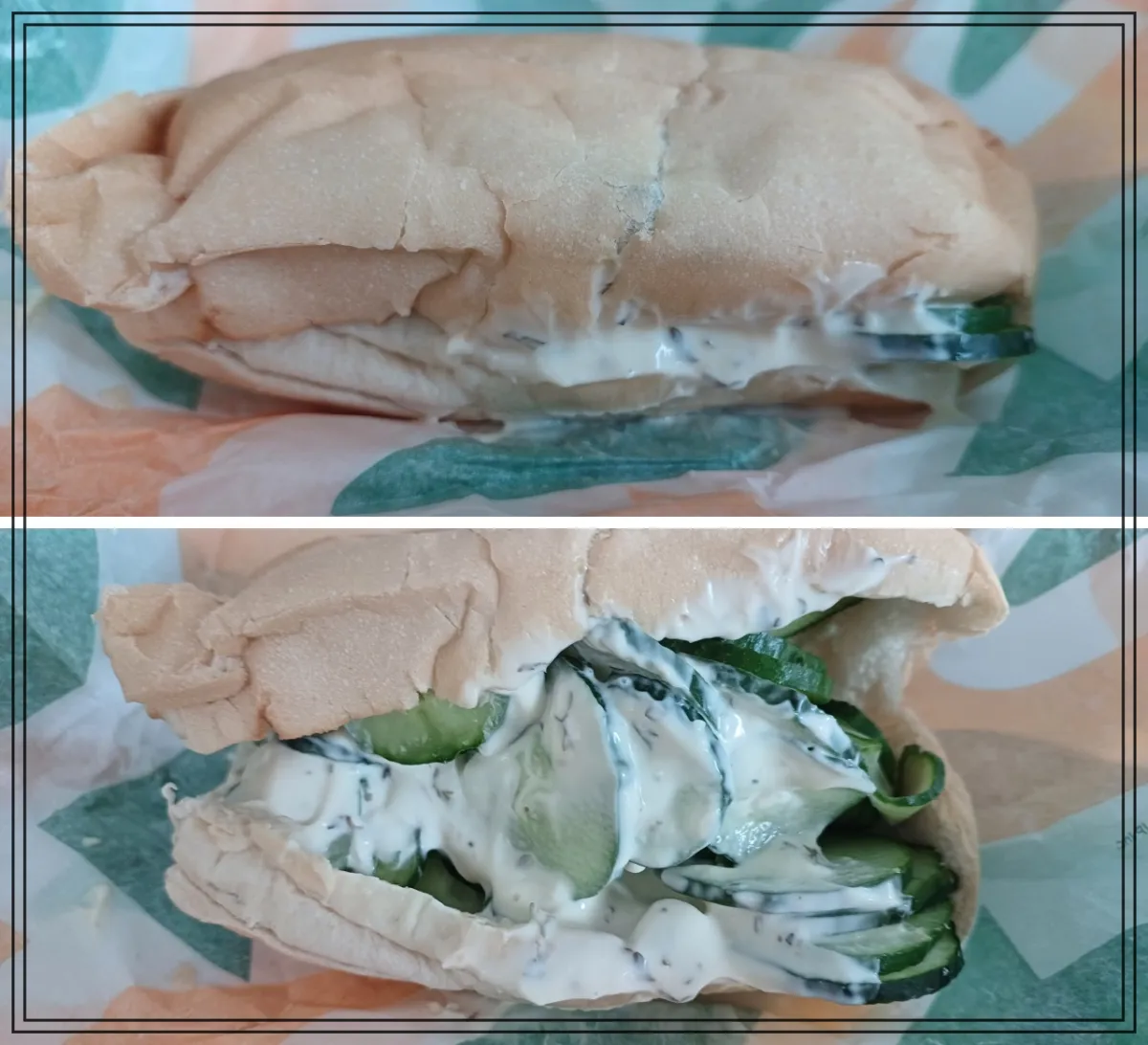 15센치-서브웨이-오이샌드위치-포장벗긴-모습과-샌드위치-안쪽-오이가-가득-들어있는-모습을-찍은-모습-렌치-소스가-듬뿍-들어있음