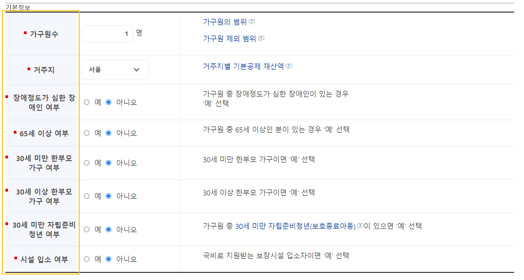 기초생활수급자 자격요건