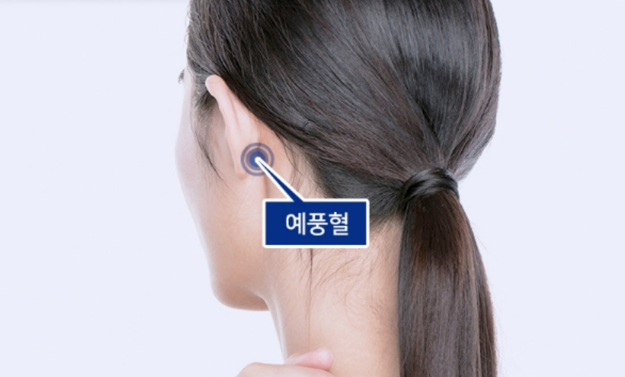 인체의 365혈 중에서 귀 뒤의 유양돌기 뼈 앞쪽에 오목한 곳에 위치를 하고 있는 예풍 경혈의 위치를 파란 점으로 표시해 놓은 이미지 사진