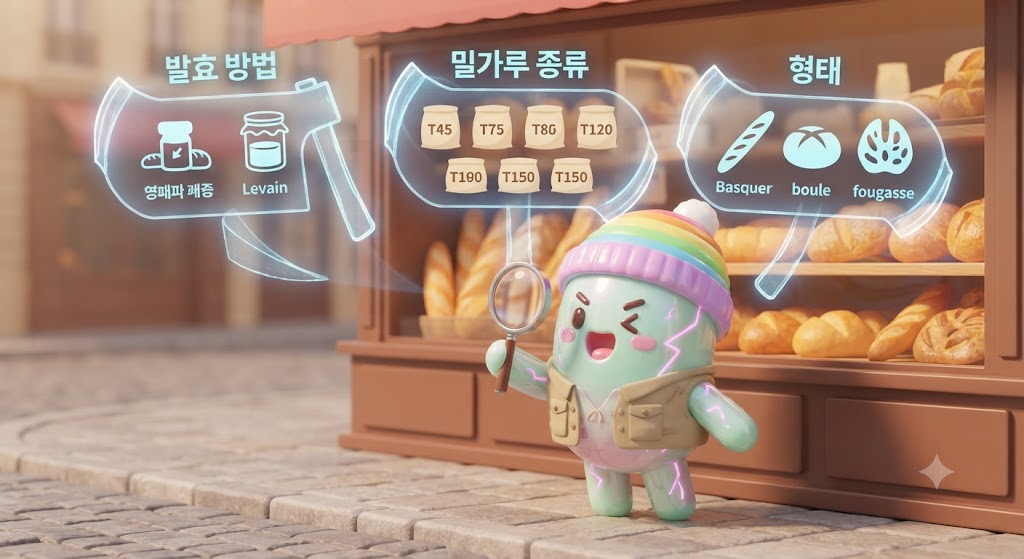 쫀쿠 캐릭터가 호기심 가득한 표정으로 프랑스 빵집 진열대 앞에 서 있습니다. 쫀쿠의 손에는 돋보기가 들려 있고, 눈앞에는 세 개의 거대한 홀로그램 축이 떠 있습니다. 첫 번째 축은 '발효종(이스트 vs 르뱅)', 두 번째 축은 '밀가루 종류(T65, T45 등)', 세 번째 축은 '형태(길쭉이, 둥글이, 납작이)'입니다. 쫀쿠가 이 세 가지 비밀을 조합해 수많은 빵이 탄생한다는 것을 깨닫는 순간입니다.
