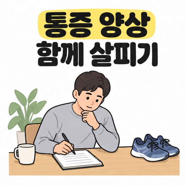 통증 양상 함께 살피기 문구 아래 운동화가 놓인 책상에서 남성이 수첩에 증상을 기록하는 모습