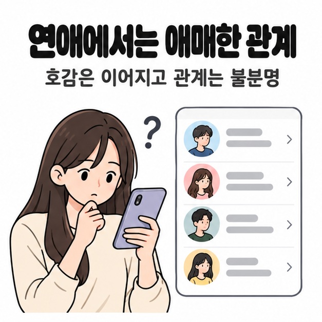 여성이 스마트폰을 보며 생각하고 옆에 여러 프로필이 있는 대화 목록과 물음표가 보이는 그림
