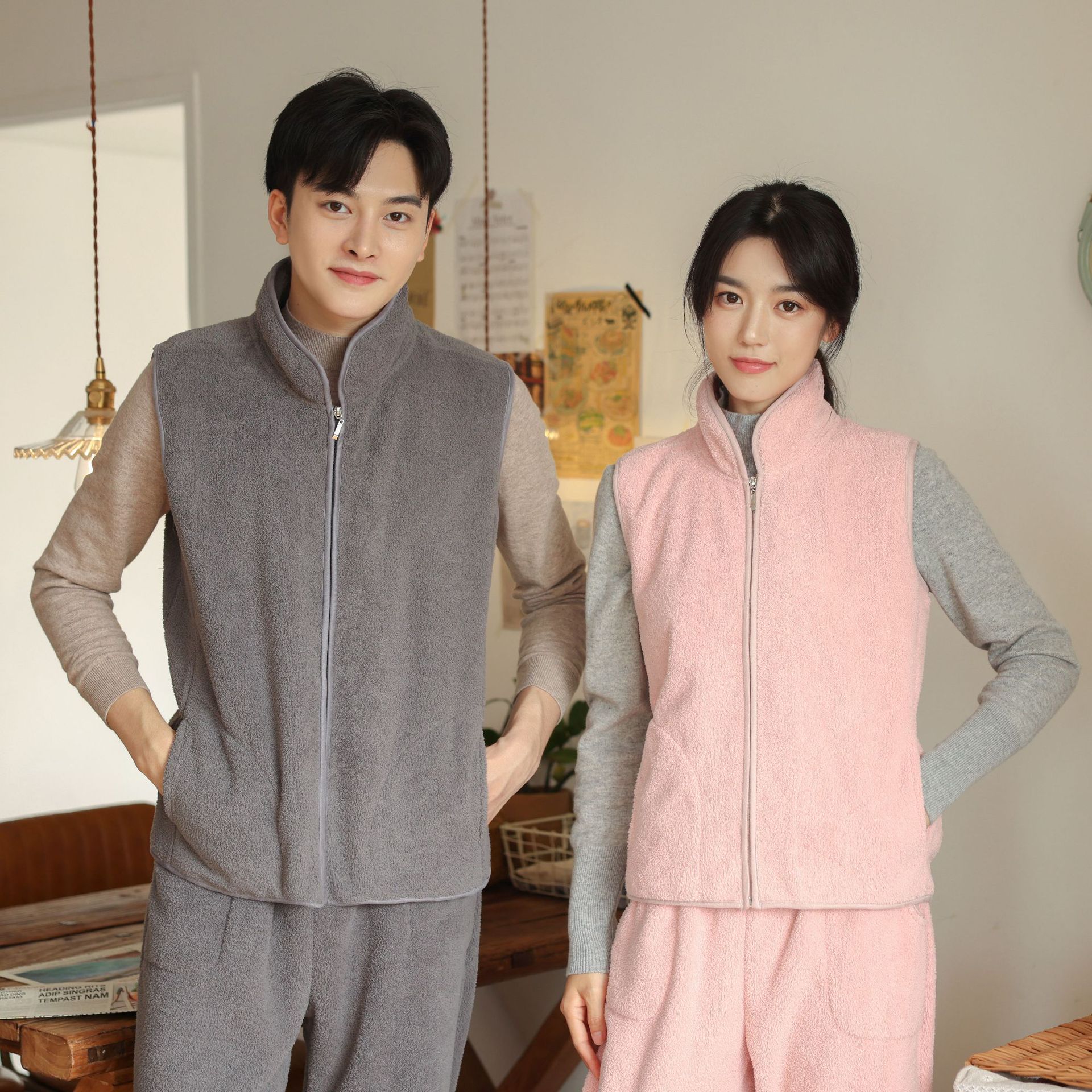 허니나이트 커플 집업 양털 수면 조끼 겨울 파자마