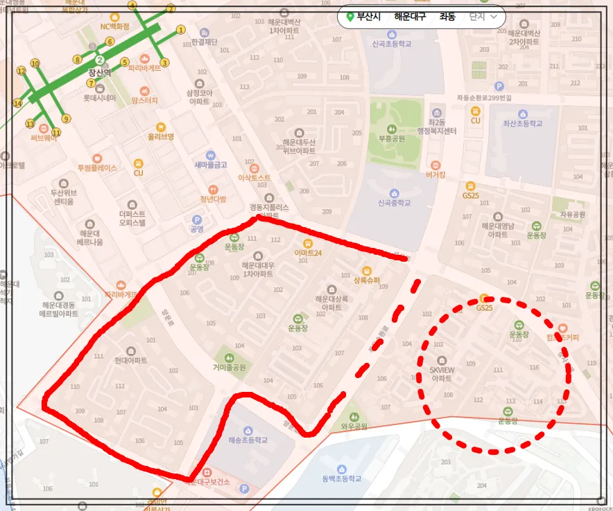 네이버지도에서-해운대대우1차와-상록-현대아파트를-빨간색선으로-묶었고-그-옆에-sk뷰아파트는-동그란-점선으로-묶어서-표시