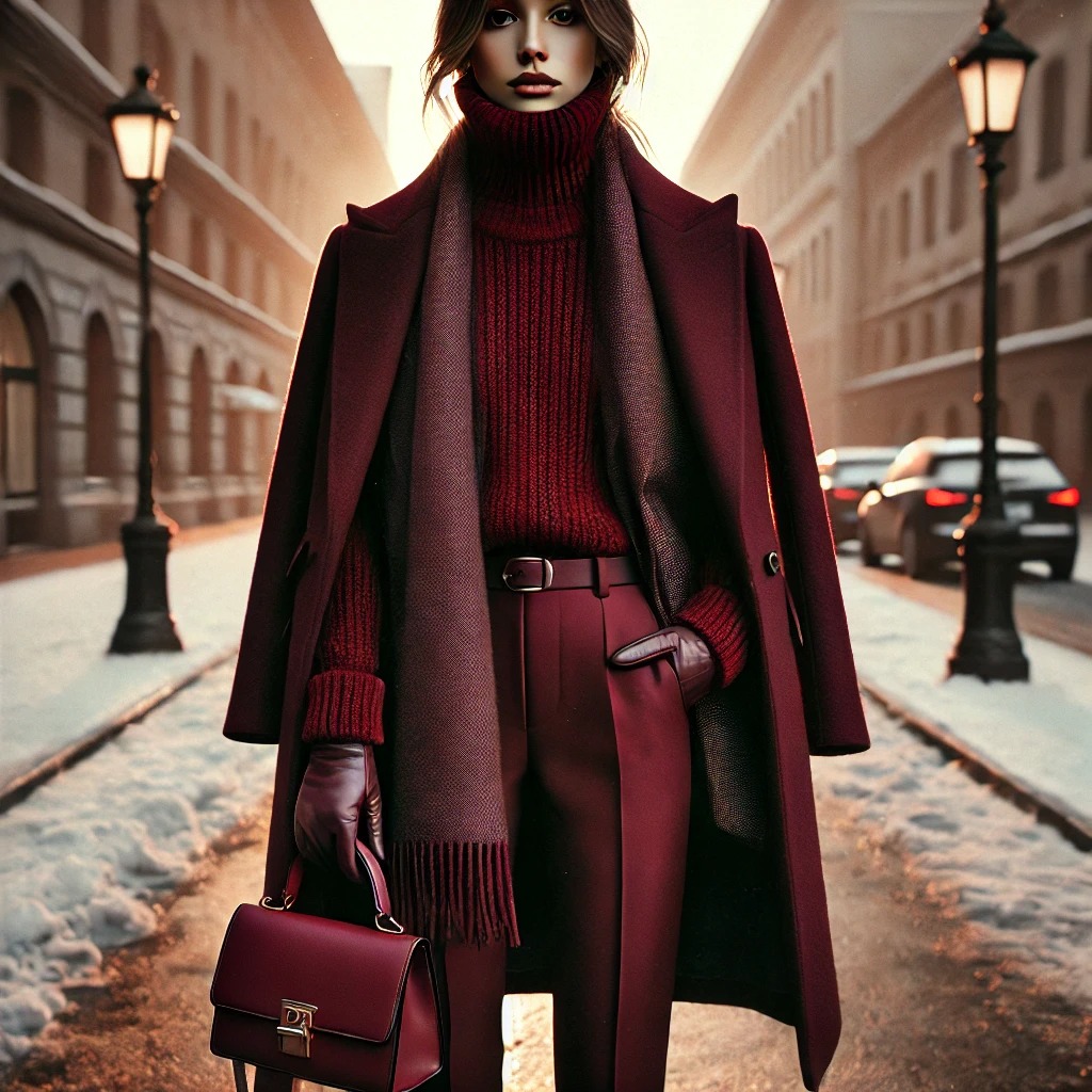 추운 계절에 딱 맞는 우아하고 스타일리시한 의상, 부르고뉴 레드
