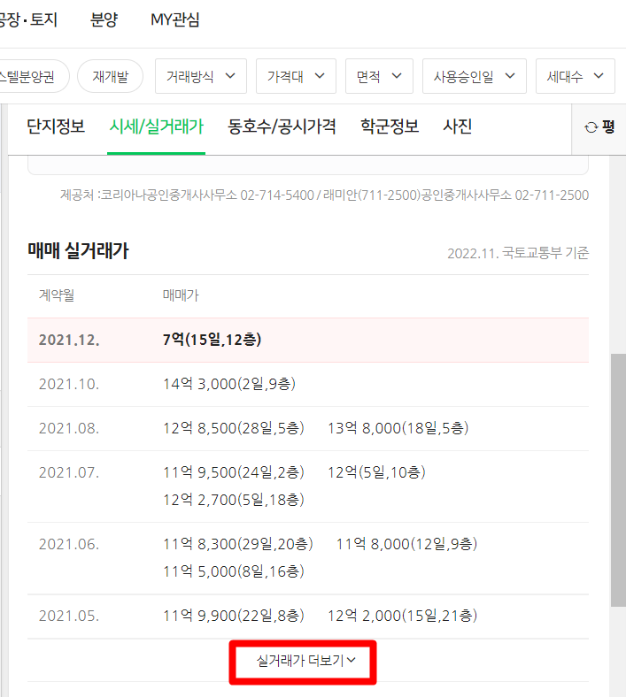 네이버 부동산 아파트 실거래가 및 시세 조회
