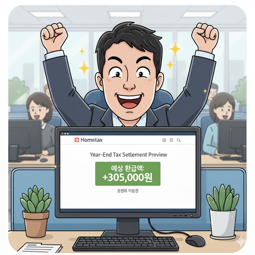 '13월의 월급 +305,000원'이 찍힌 '연말정산 미리보기' 최종 결과를 보고 활짝 웃는 직장인(빈이아빠)