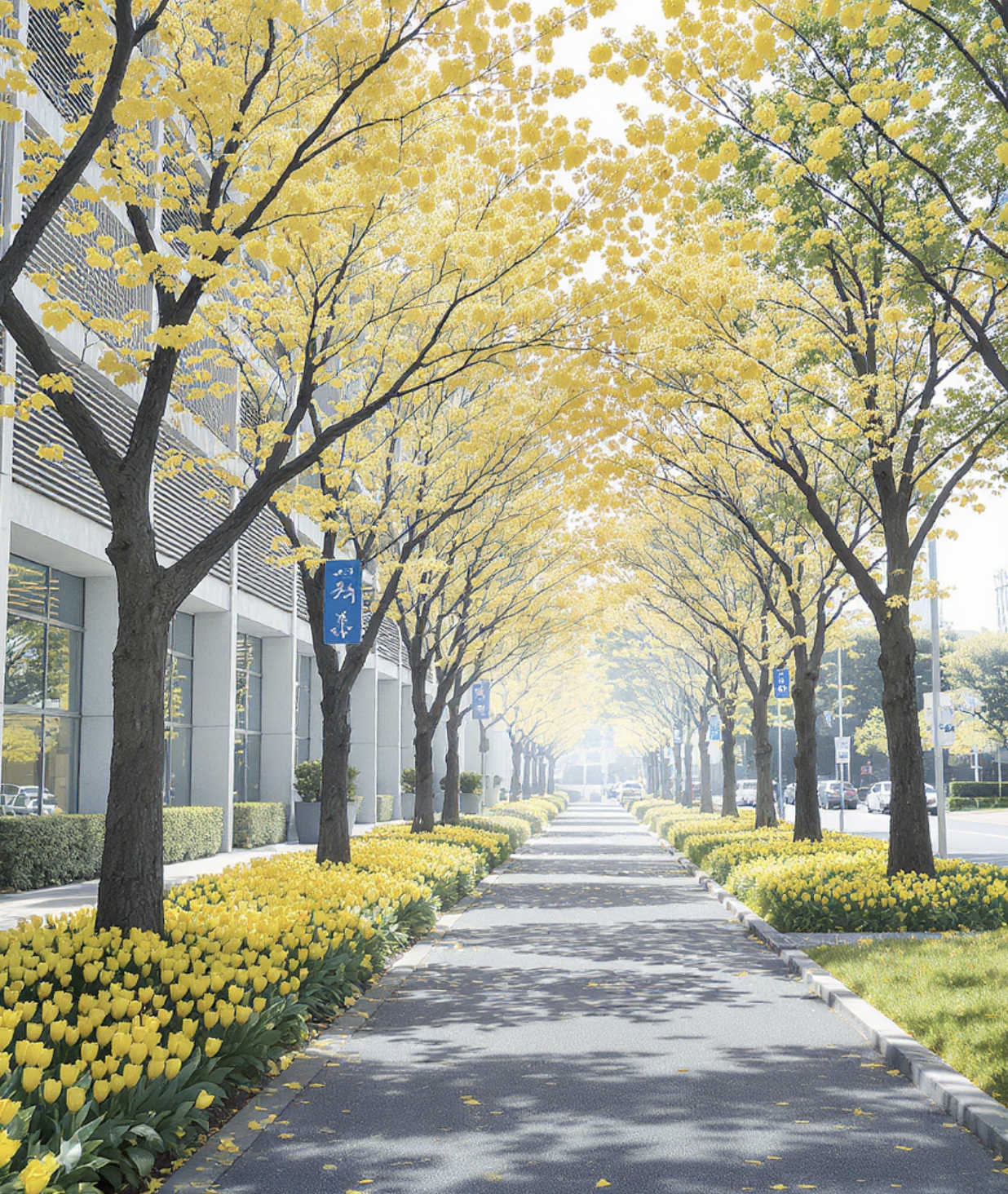 대전청사 가로수길: 황금빛 튤립 터널
