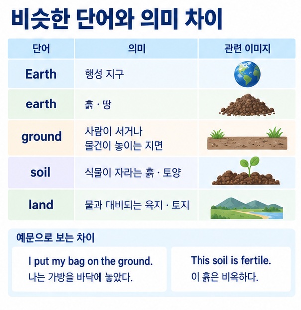 Earth ground soil land의 지구 지면 토양 육지 의미 차이를 표로 정리한 이미지