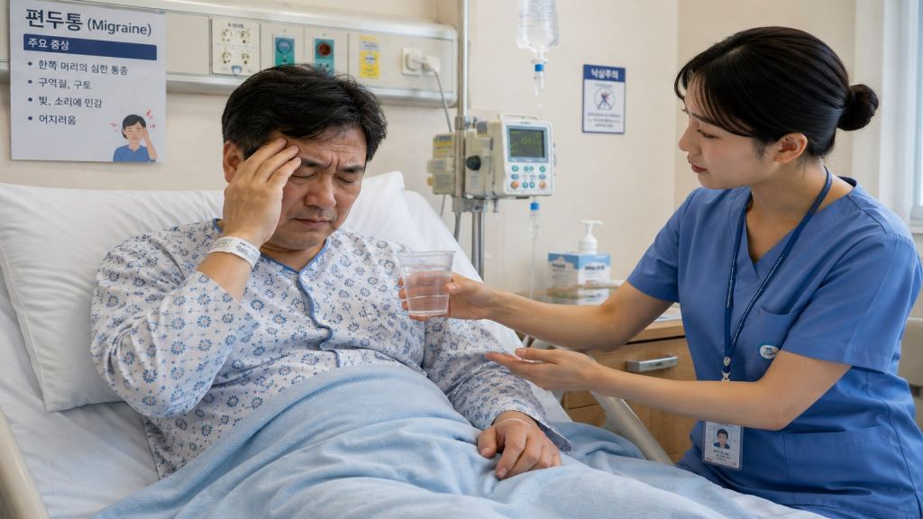편두통으로 병원에서 간호사 옆에서 수액맞는 모습입니다