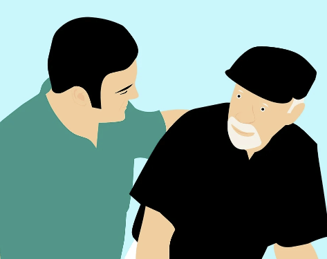 알부민 수치 저하로 근육이 약해진 노인을 간병인이 보살피는 장면