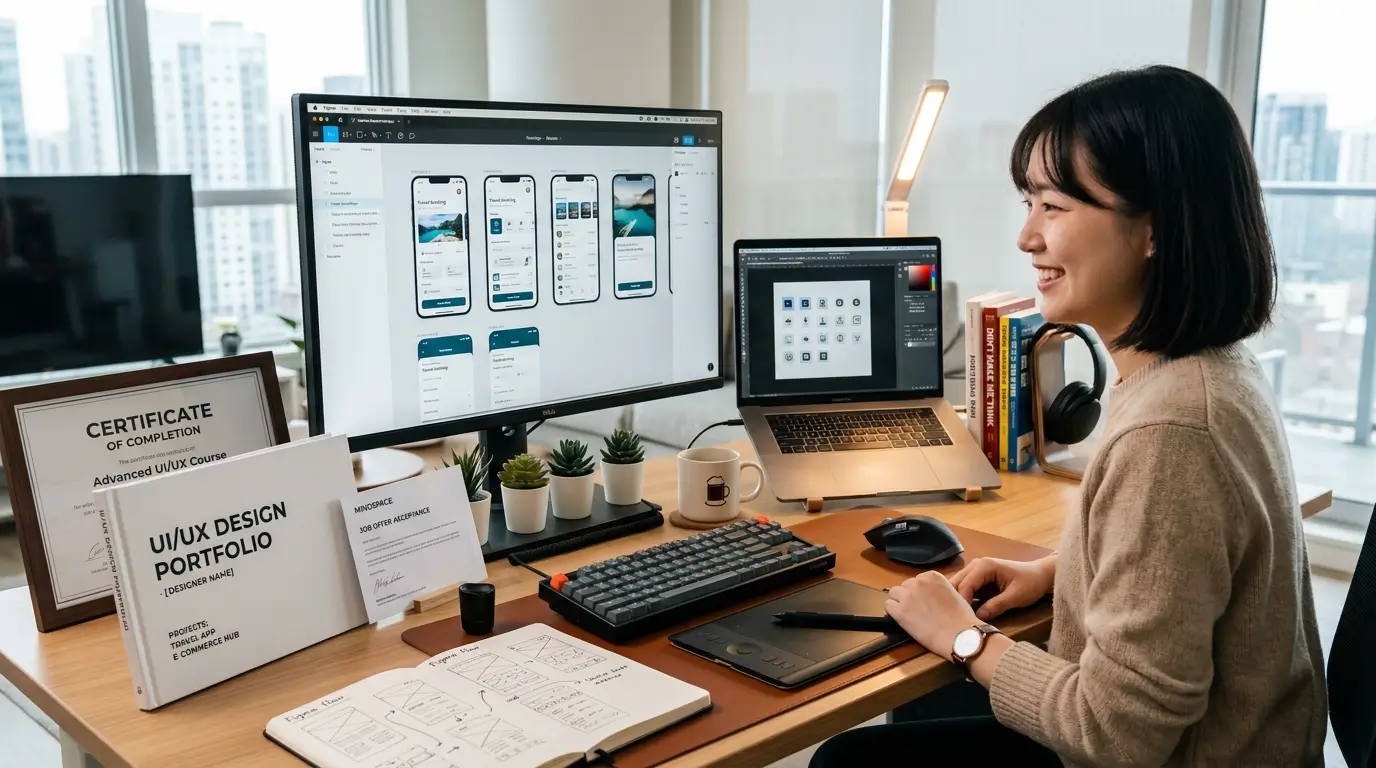 단순 자격증을 넘어 피그마와 포토샵으로 세련된 UIUX 포트폴리오를 완성하여 취업에 성공한 디자이너의 멋진 책상