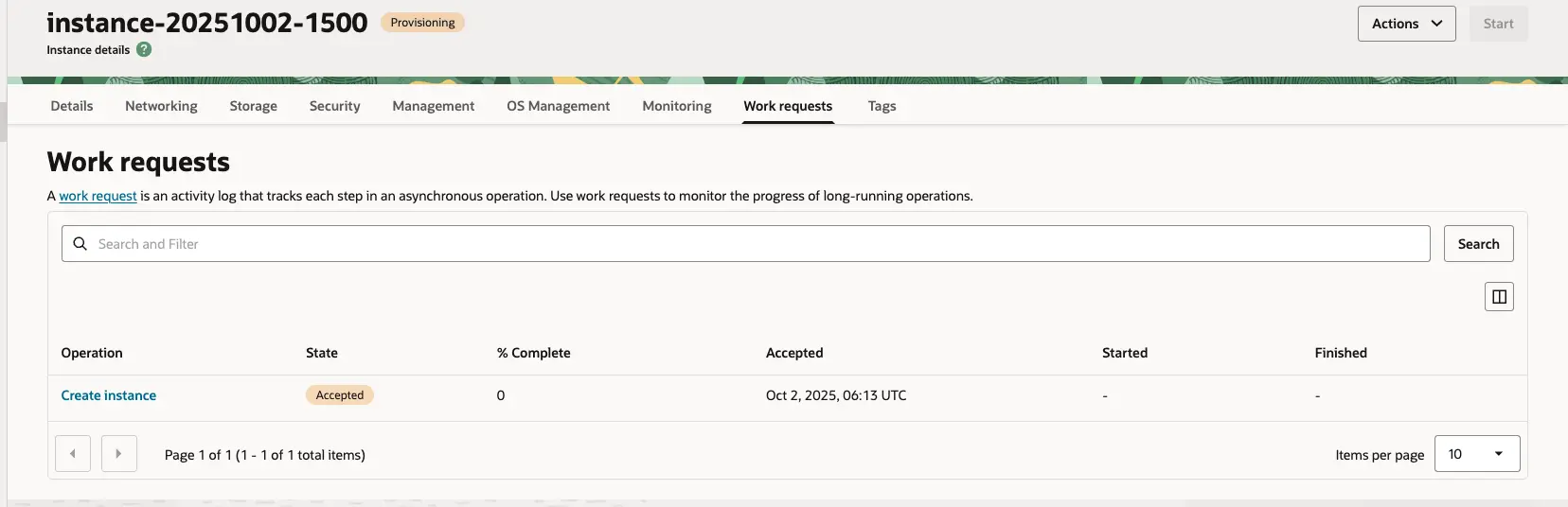 오라클 클라우드 - Compute - Instance - Work requests