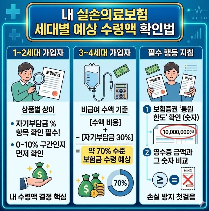 실손의료보험 세대별로 달라지는 비급여 수액 보상 구조와 예상 수령액 비교 도식