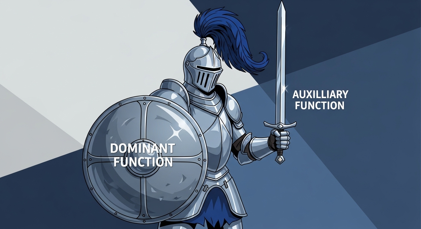 균형 잡힌 기사의 모습으로 MBTI 기능 발달을 묘사. 튼튼한 방패는 주기능, 날카로운 칼은 부기능을 상징하며, 두 기능의 조화로운 성장이 중요함을 보여준다.