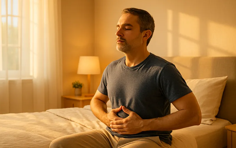 아침 복식호흡으로 혈압을 안정시키는 40대 남성