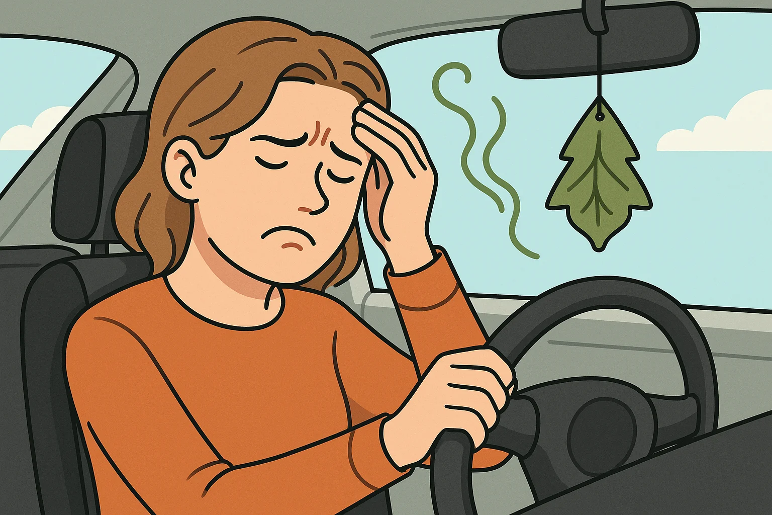 새 차 냄새로 인해 두통을 느끼는 운전자의 모습을 표현한 일러스트. 자동차 내부에서 머리를 짚고 있는 인물이 등장하며, 공기 중 냄새 라인이 강조됨.