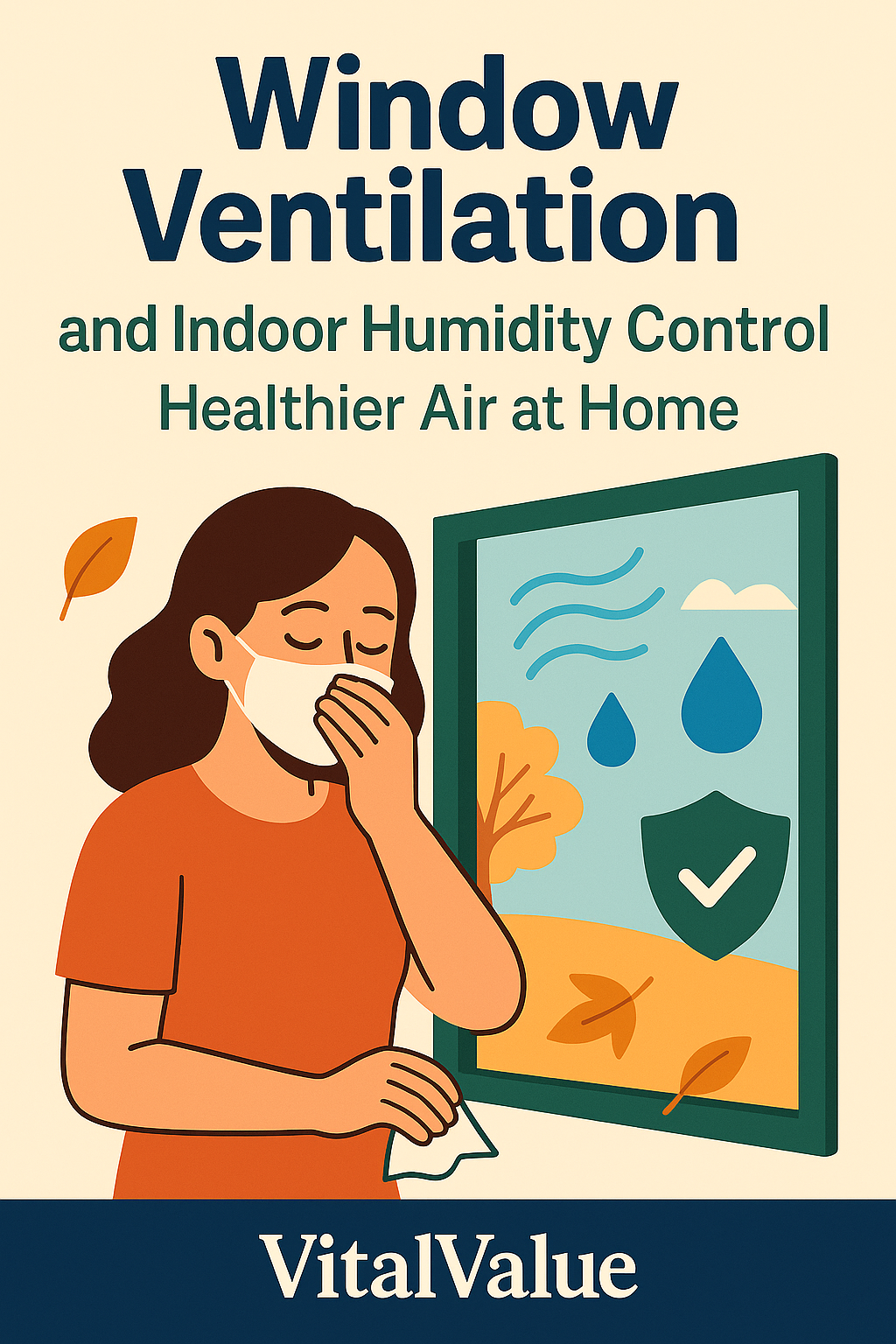 Flat illustration of a person opening a window with airflow and humidity icons, symbolizing window ventilation and indoor humidity control for healthier air at home.