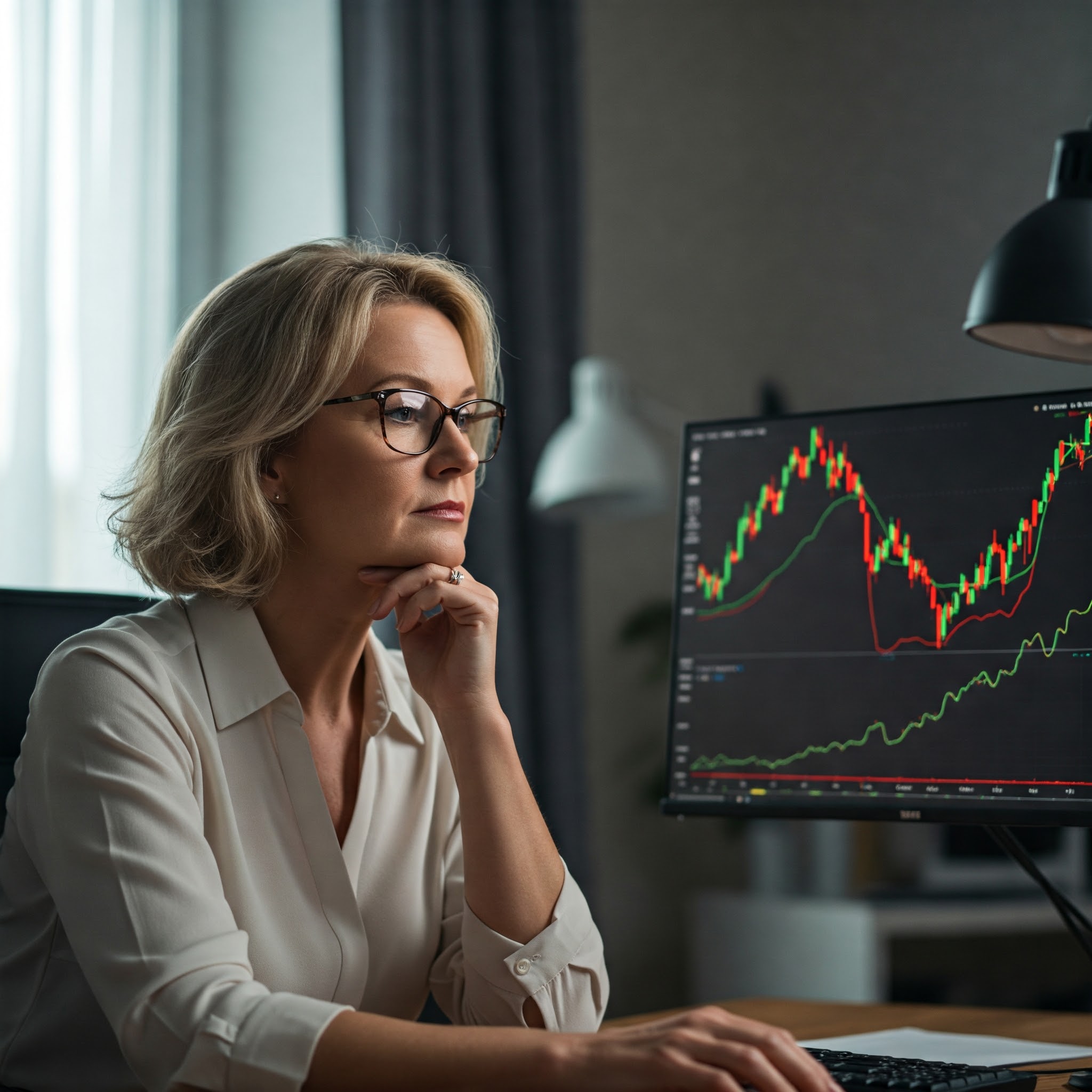 여자가 모니터를 보면서 ETF 그래프를 보는 모습