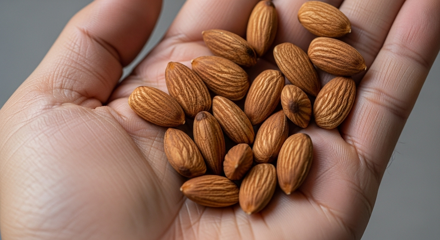 손바닥 위에 올려진 아몬드 23알을 보여주는 사진