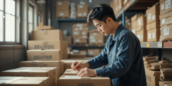 작은 창고에서 택배 박스를 정리하는 남성의 작업 장면