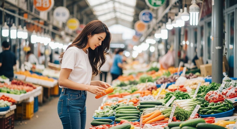 전통시장에서 채소를 고르는 여성