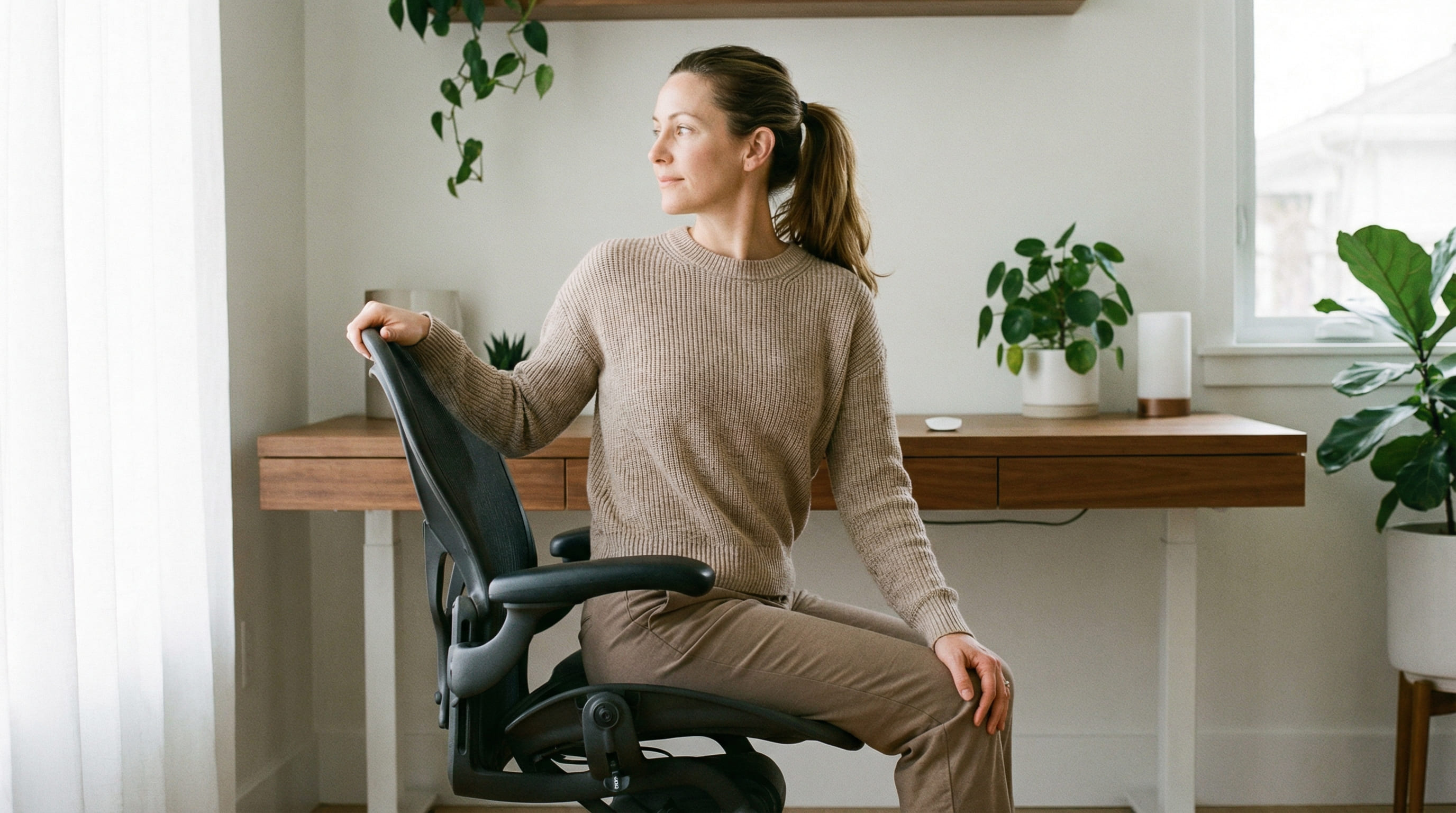 의자에 앉아 상체를 오른쪽으로 비틀어 척추를 이완시키는 의자 비틀기 요가 동작을 하는 모습.