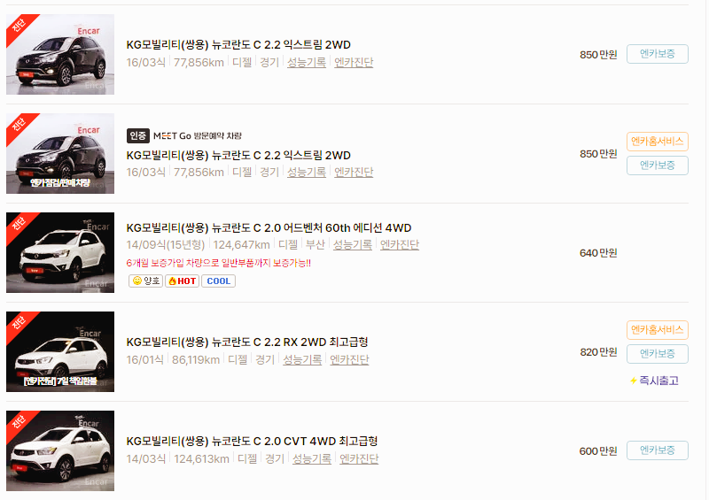 KG모빌리티 코란도 중고차 가격 시세표 24년10월