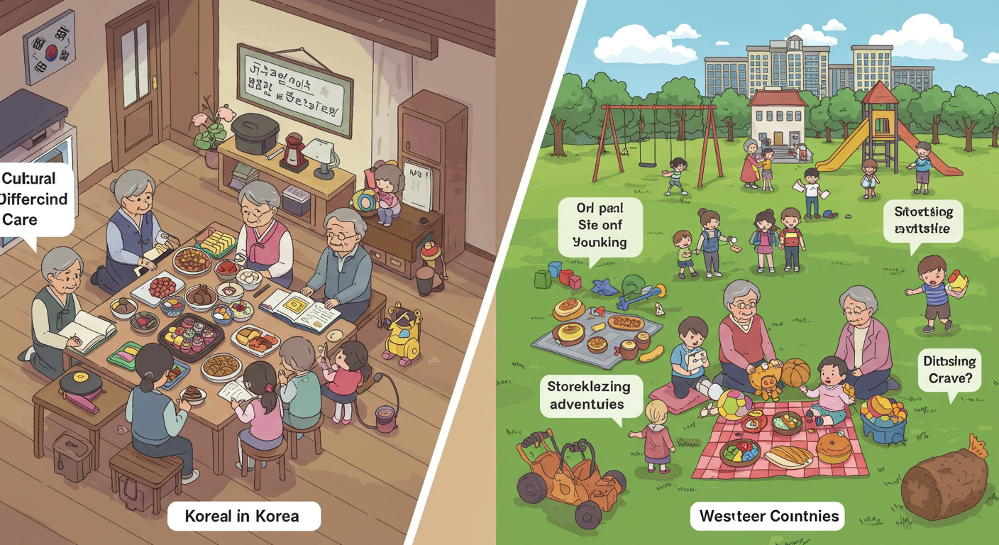 해외 vs 한국 손주 돌보기 그림 사진