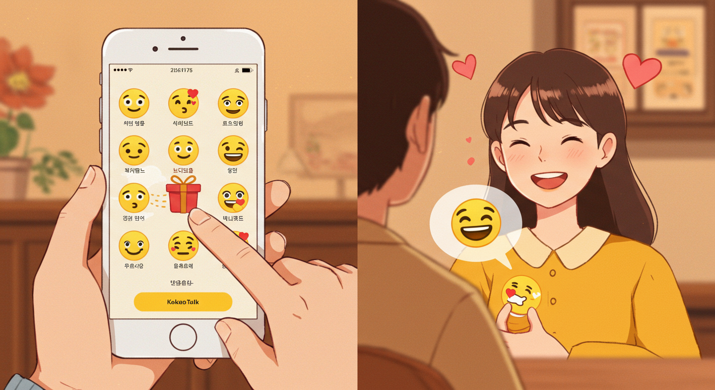 카카오톡 이모티콘을 친구에게 선물하는 장면