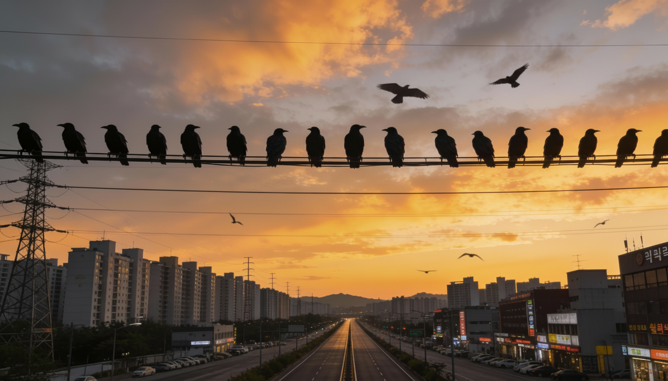전선 위에 앉아있는 까마귀떼 사진