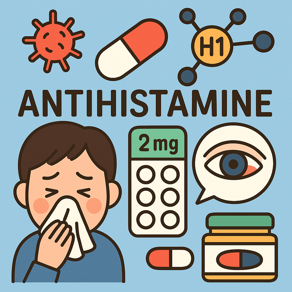 페니라민정의 효능과 효과를 표현한 일러스트. 이미지 상의 약 모양은 실제 페미라민정과는 전혀 다르다.