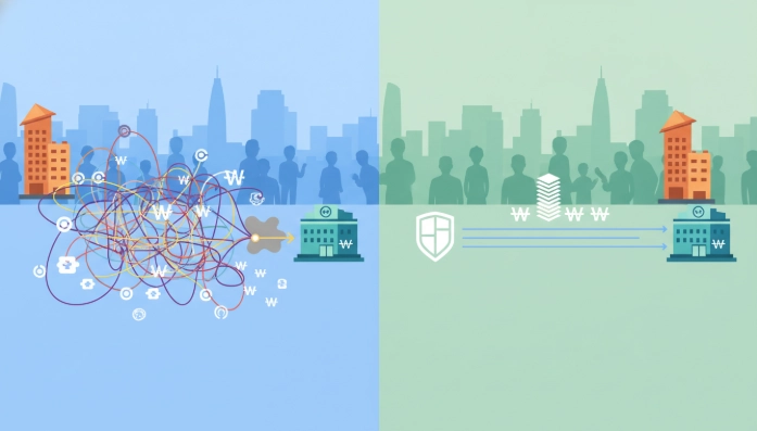 신고되지 않은 베트남 아파트 자금의 복잡하고 위험한 이동 경로와 합법적인 경로를 대비하여 보여주는 인포그래픽 이미지