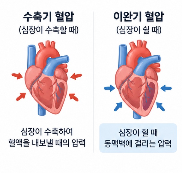 수축기 혈압과 이완기 혈압의 차이를 심장 수축과 이완으로 비교한 이미지