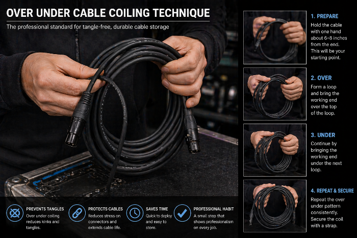 오버 언더 방식으로 케이블을 감는 실무 장면