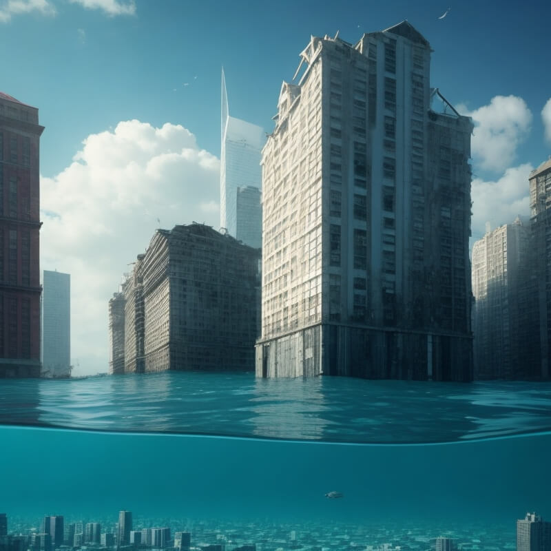 해수면 상승으로 인하여 도시가 물에 잠기다