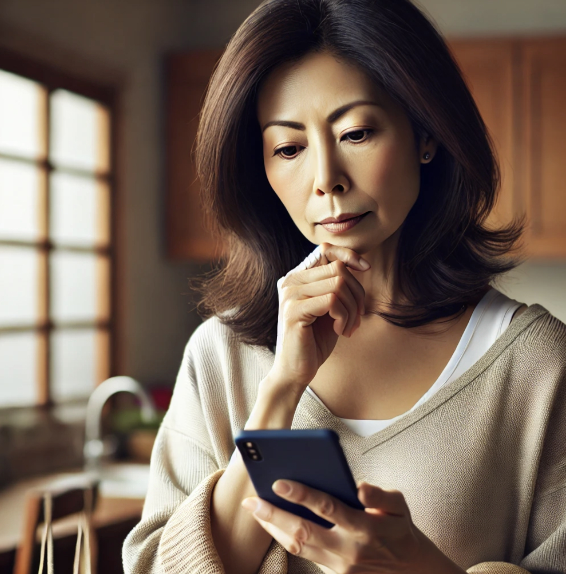 휴대폰을 보며 생각하는 50대 여자 사진