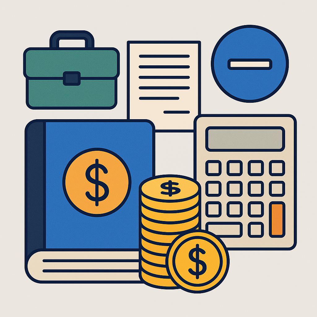 마이너스통장-가방-계산기-서류등이-있는-일러스트