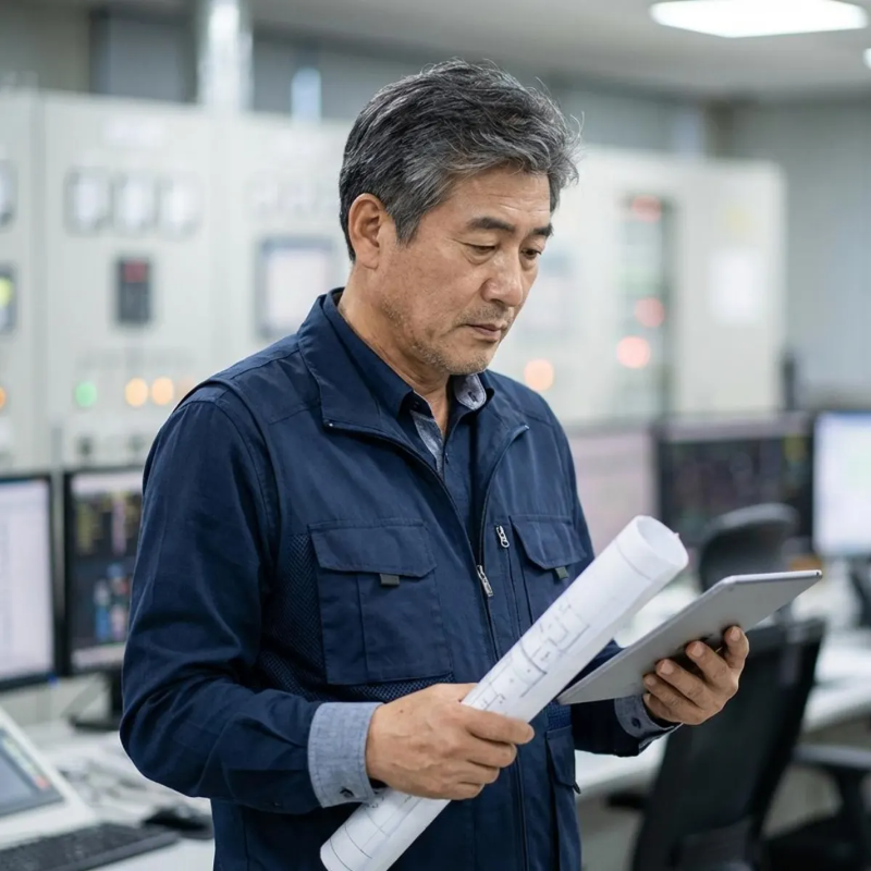 도면과 태블릿을 보며 진지하게 현장을 점검하는 중장년 기술자의 모습