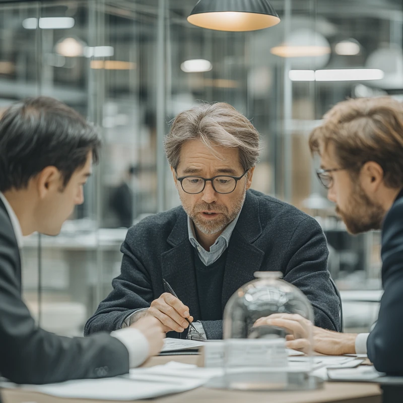 KODEX ETF 시장 성과를 분석하는 투자자들, 집중된 표정과 현대적 사무실 배경, 금융 토론의 시너지와 전문성을 강조