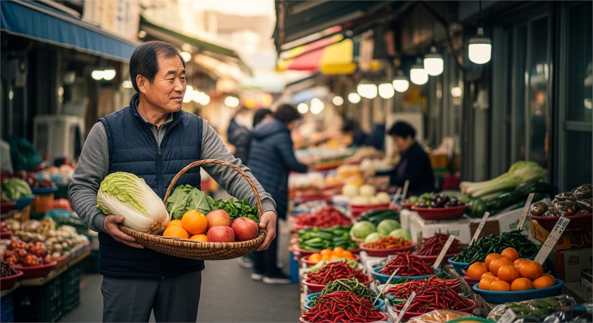 지역 상점에서 장을 보는 한국인 남성의 생활 장면