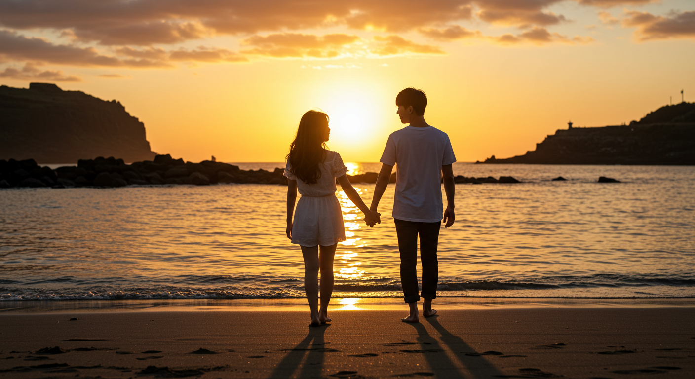 제주 해변에서 노을을 배경으로 손을 잡고 있는 한국인 커플의 로맨틱한 모습