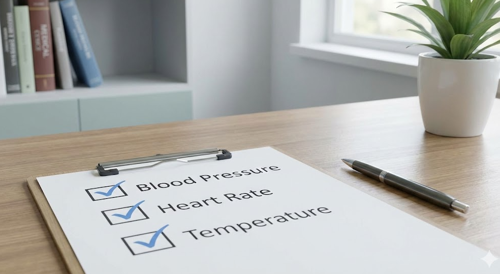 건강 사후관리를 위해 혈압&middot;심박수 등 기본 항목을 점검하는 의료 체크리스트 이미지