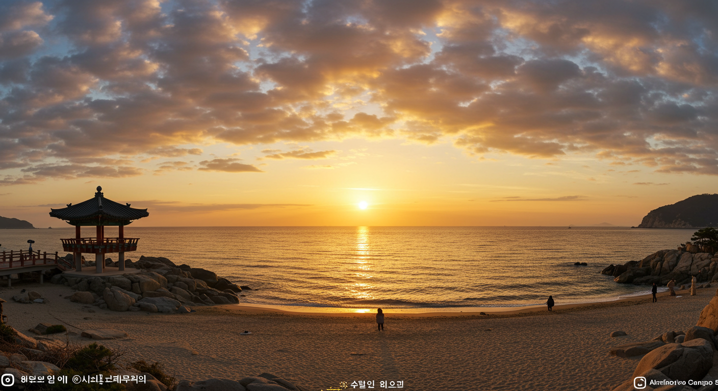 강원도 동해 바다 위로 떠오르는 장엄한 일출과 함께 보이는 명소들의 실루엣