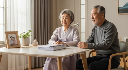 판정 결과 서류를 받아보는 어르신 부부