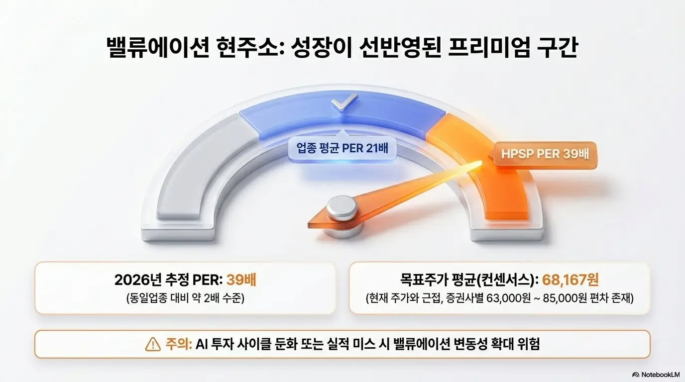 HPSP 주가 전망: &amp;#39;HPSP 밸류에이션 현주소&amp;#44; 성장이 선반영된 프리미엄 구간&amp;#39;이라는 문구가 포함된 이미지. 2026년 추정 PER 39배로 동일업종 평균 21배의 약 두 배 수준이며 목표주가 평균 컨센서스 68&amp;#44;167원과 증권사별 편차를 시각적으로 전달하며&amp;#44; 블로그의 HPSP 목표주가 분석과 관련된 내용을 설명함